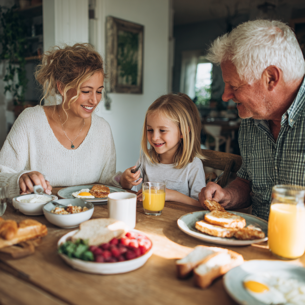 Smiling European couple in their 40s preparing healthy meal together in modern kitchen, natural ingredients on counter, warm lighting, lifestyle photography